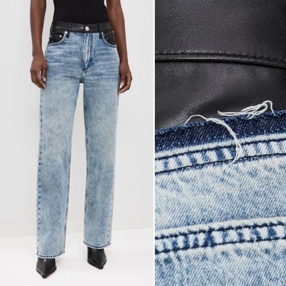 NEW Rag & Bone Shea Mixed Media Faux Leather Denim Combo High Rise Relaxed Jeans - Picture 2 of 14